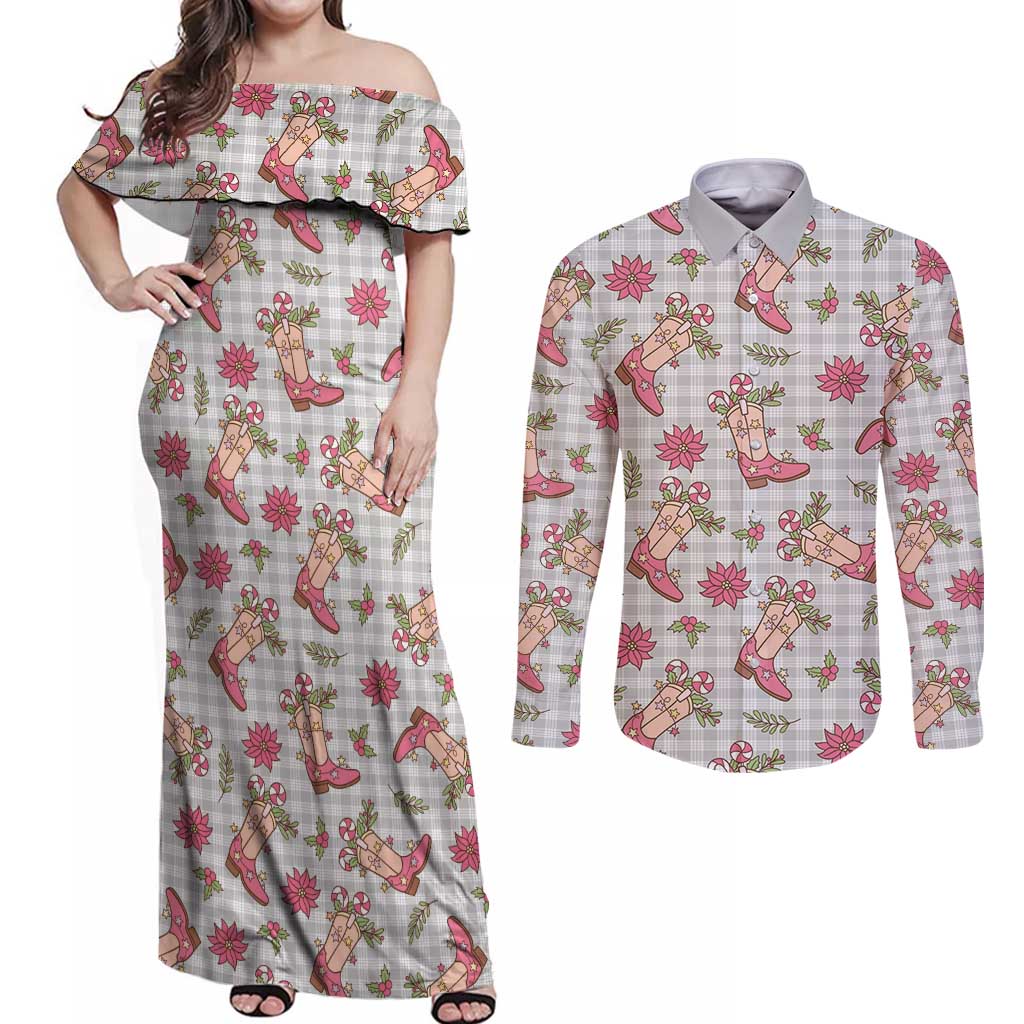 Gray Paniolo Palaka Hawaiian Cowgirl Christmas Couples Matching Off Shoulder Maxi Dress and Long Sleeve Button Shirt LT9 Gray - Polynesian Pride