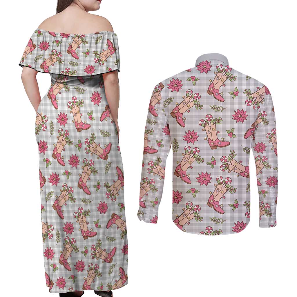 Gray Paniolo Palaka Hawaiian Cowgirl Christmas Couples Matching Off Shoulder Maxi Dress and Long Sleeve Button Shirt LT9 - Polynesian Pride