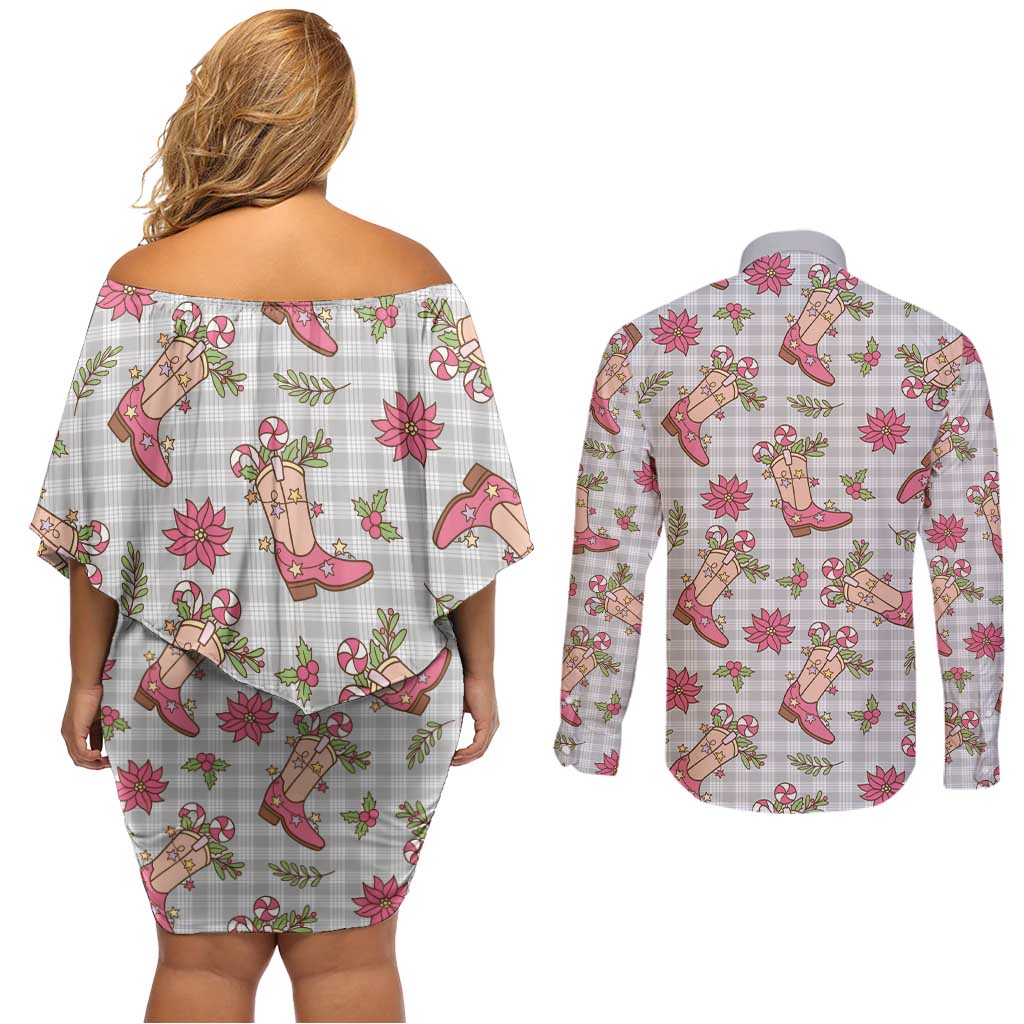 Gray Paniolo Palaka Hawaiian Cowgirl Christmas Couples Matching Off Shoulder Short Dress and Long Sleeve Button Shirt LT9 - Polynesian Pride