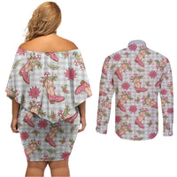 Gray Paniolo Palaka Hawaiian Cowgirl Christmas Couples Matching Off Shoulder Short Dress and Long Sleeve Button Shirt LT9 - Polynesian Pride