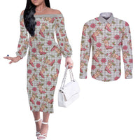 Gray Paniolo Palaka Hawaiian Cowgirl Christmas Couples Matching Off The Shoulder Long Sleeve Dress and Long Sleeve Button Shirt LT9 Gray - Polynesian Pride