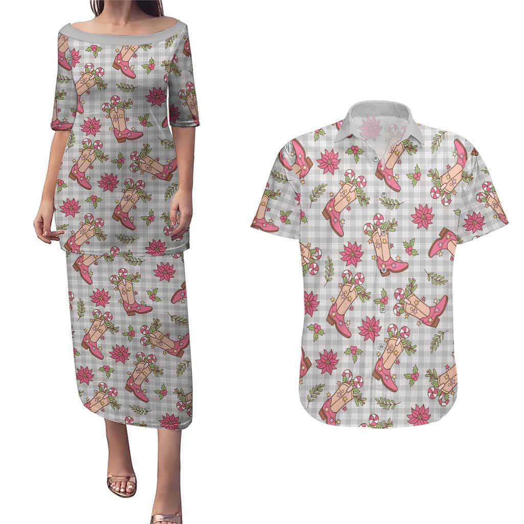 Gray Paniolo Palaka Hawaiian Cowgirl Christmas Couples Matching Puletasi and Hawaiian Shirt LT9 Gray - Polynesian Pride