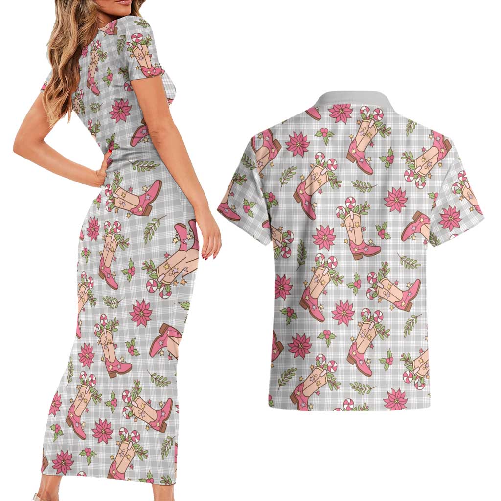 Gray Paniolo Palaka Hawaiian Cowgirl Christmas Couples Matching Short Sleeve Bodycon Dress and Hawaiian Shirt LT9 - Polynesian Pride