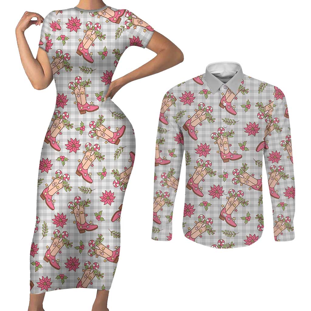 Gray Paniolo Palaka Hawaiian Cowgirl Christmas Couples Matching Short Sleeve Bodycon Dress and Long Sleeve Button Shirt - Polynesian Pride