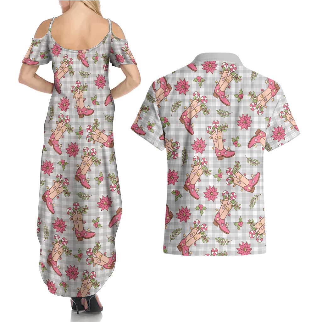 Gray Paniolo Palaka Hawaiian Cowgirl Christmas Couples Matching Summer Maxi Dress and Hawaiian Shirt LT9 - Polynesian Pride