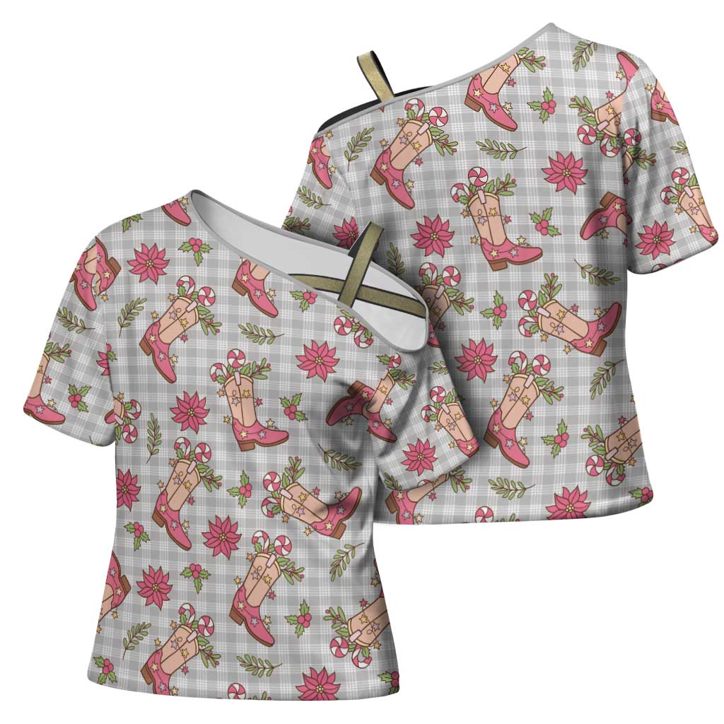 Gray Paniolo Palaka Hawaiian Cowgirl Christmas Cross Shoulder Shirt - Polynesian Pride