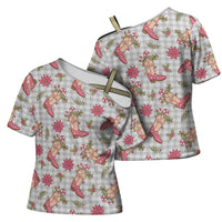 Gray Paniolo Palaka Hawaiian Cowgirl Christmas Cross Shoulder Shirt - Polynesian Pride