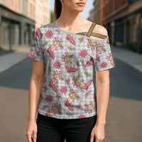 Gray Paniolo Palaka Hawaiian Cowgirl Christmas Cross Shoulder Shirt - Polynesian Pride