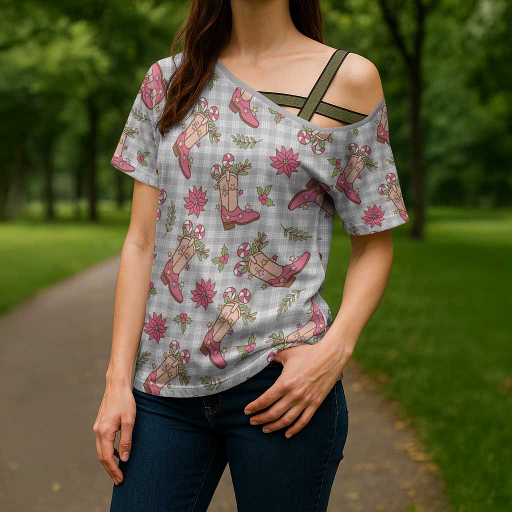 Gray Paniolo Palaka Hawaiian Cowgirl Christmas Cross Shoulder Shirt - Polynesian Pride