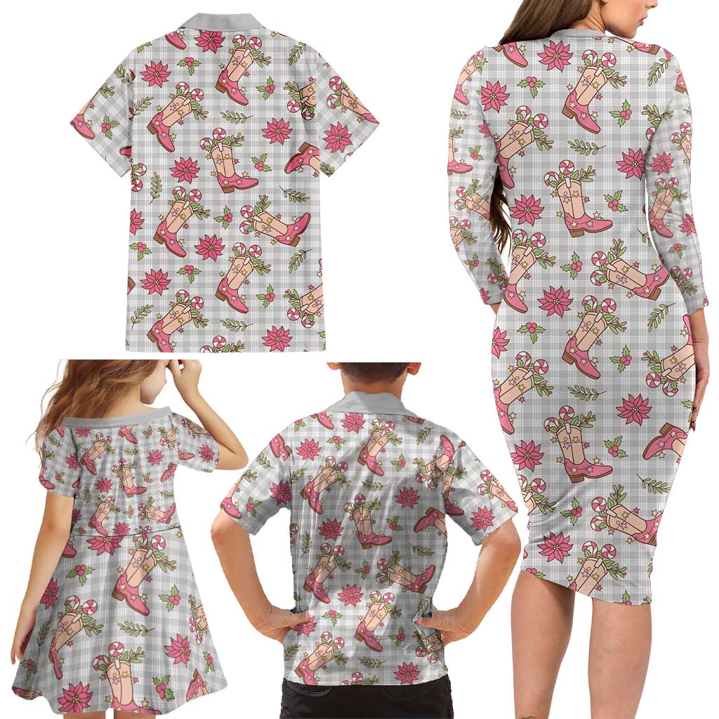 Gray Paniolo Palaka Hawaiian Cowgirl Christmas Family Matching Long Sleeve Bodycon Dress and Hawaiian Shirt LT9 - Polynesian Pride