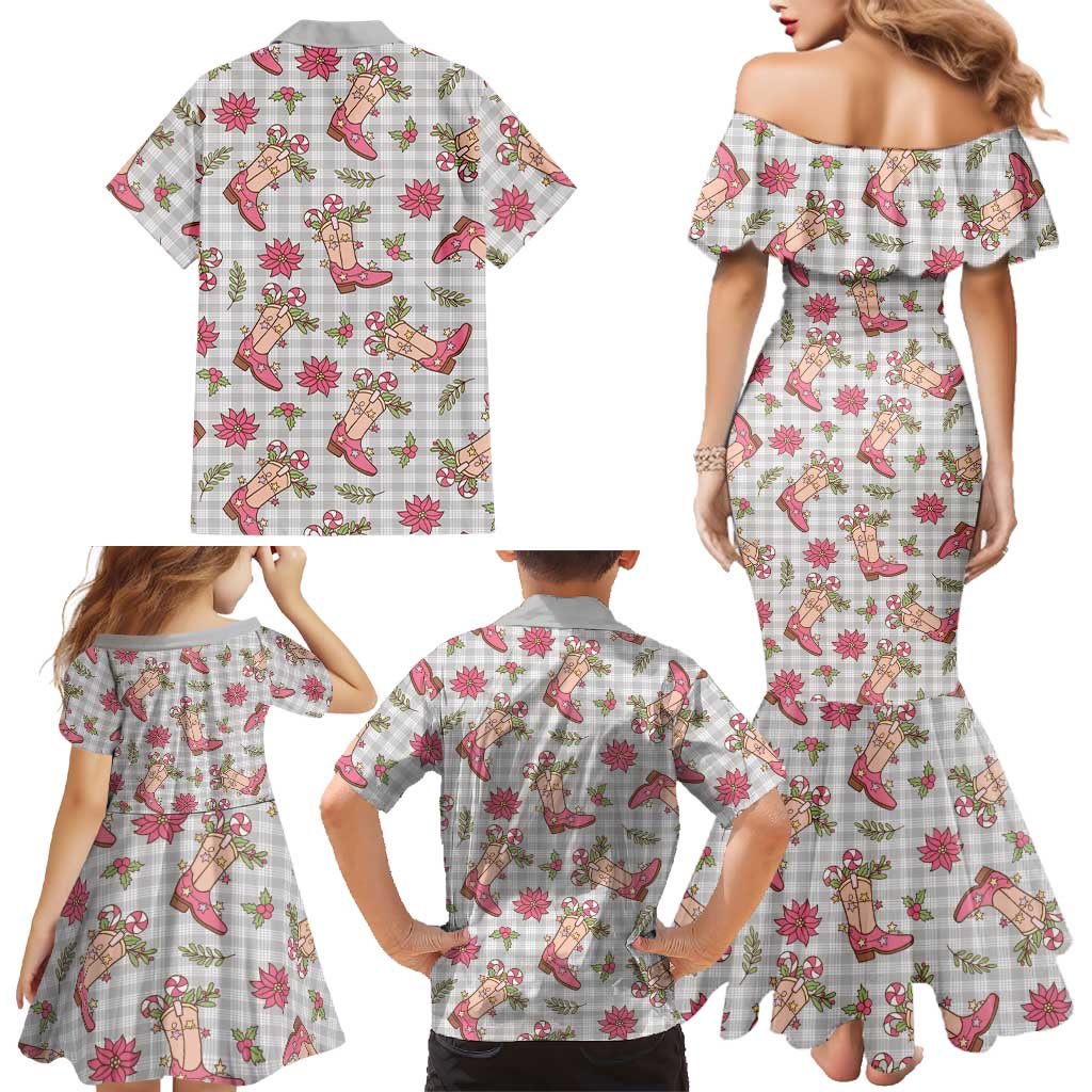 Gray Paniolo Palaka Hawaiian Cowgirl Christmas Family Matching Mermaid Dress and Hawaiian Shirt LT9 - Polynesian Pride