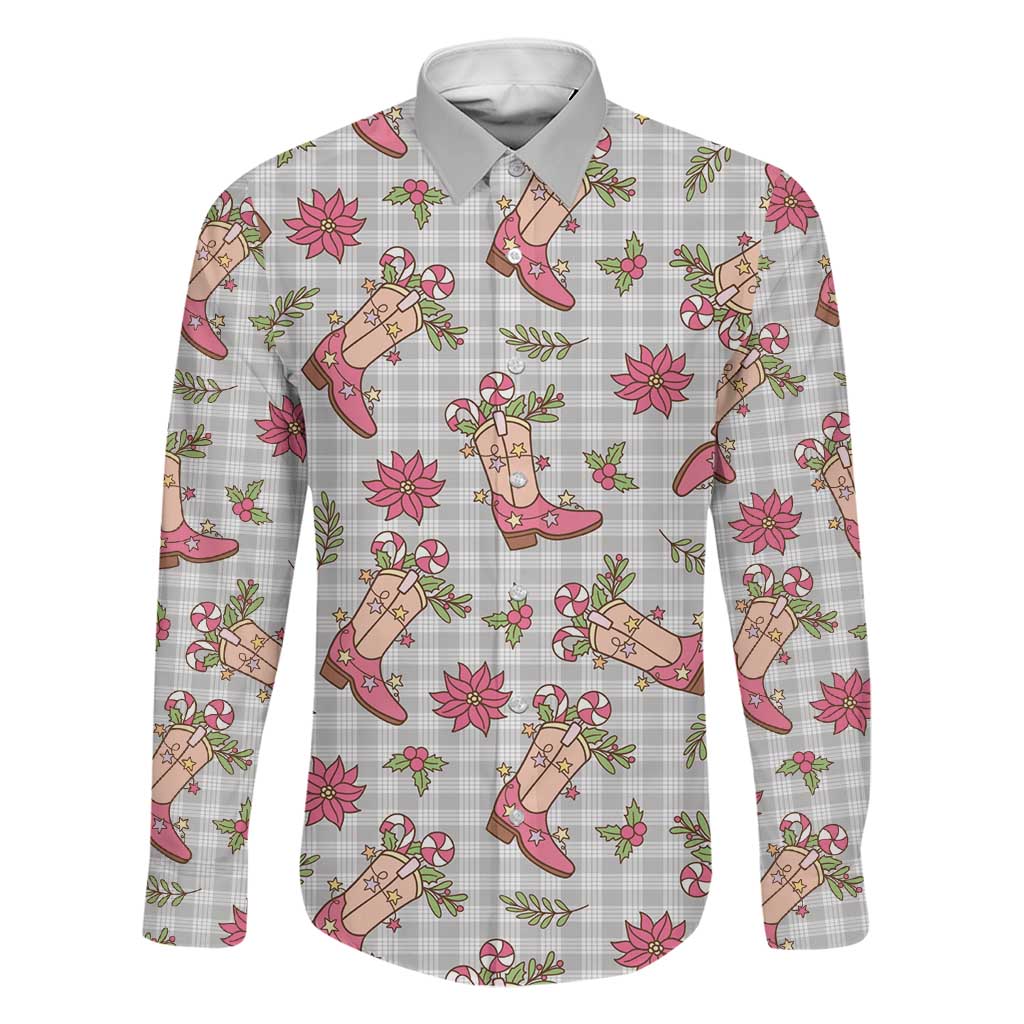 Gray Paniolo Palaka Hawaiian Cowgirl Christmas Family Matching Mermaid Dress and Hawaiian Shirt LT9 Dad's Shirt - Long Sleeve Gray - Polynesian Pride