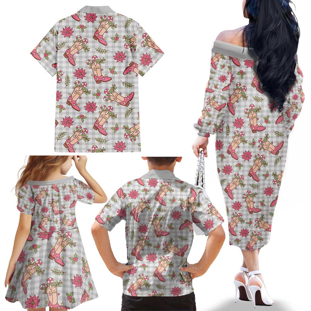 Gray Paniolo Palaka Hawaiian Cowgirl Christmas Family Matching Off The Shoulder Long Sleeve Dress and Hawaiian Shirt LT9 - Polynesian Pride