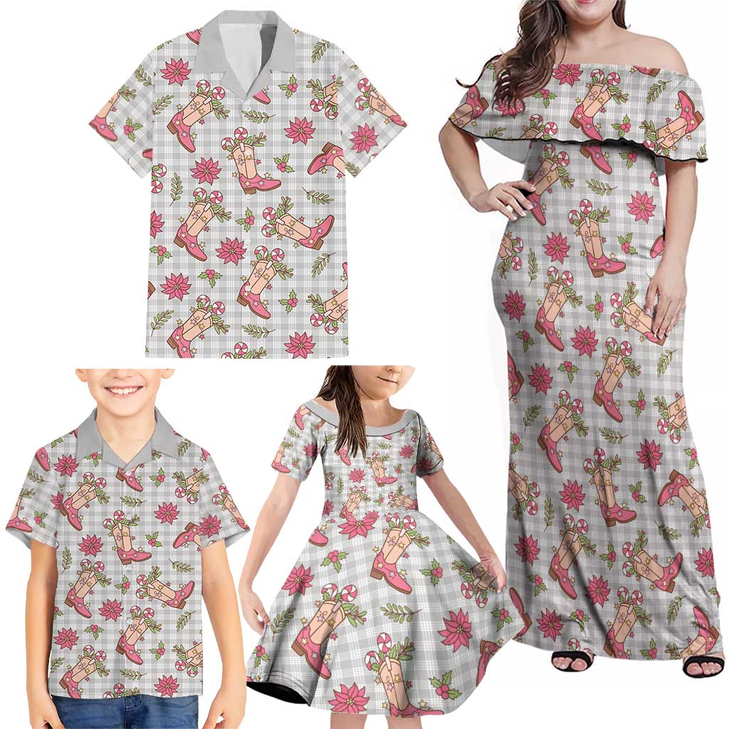 Gray Paniolo Palaka Hawaiian Cowgirl Christmas Family Matching Off Shoulder Maxi Dress and Hawaiian Shirt - Polynesian Pride