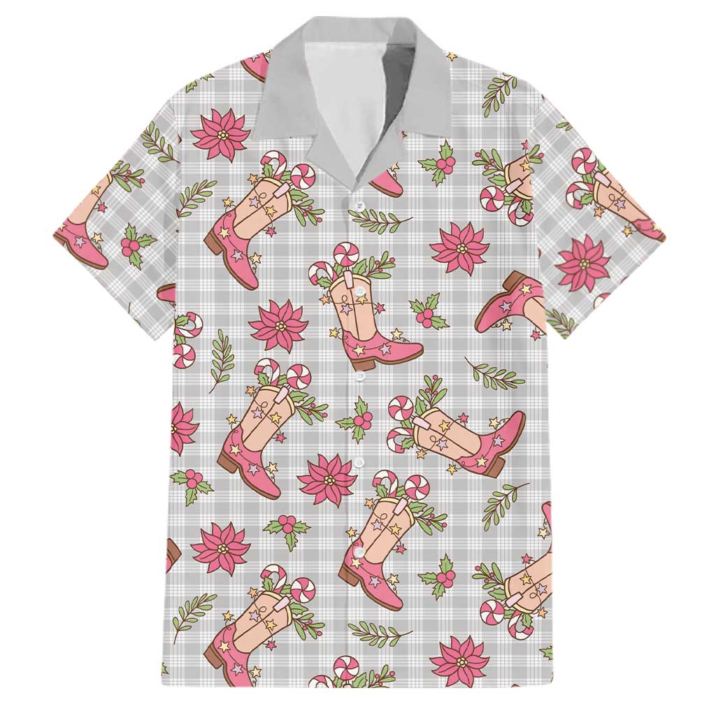 Gray Paniolo Palaka Hawaiian Cowgirl Christmas Family Matching Off Shoulder Maxi Dress and Hawaiian Shirt LT9 Dad's Shirt - Short Sleeve Gray - Polynesian Pride