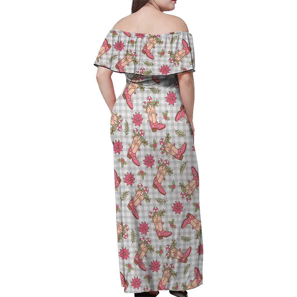 Gray Paniolo Palaka Hawaiian Cowgirl Christmas Family Matching Off Shoulder Maxi Dress and Hawaiian Shirt LT9 - Polynesian Pride
