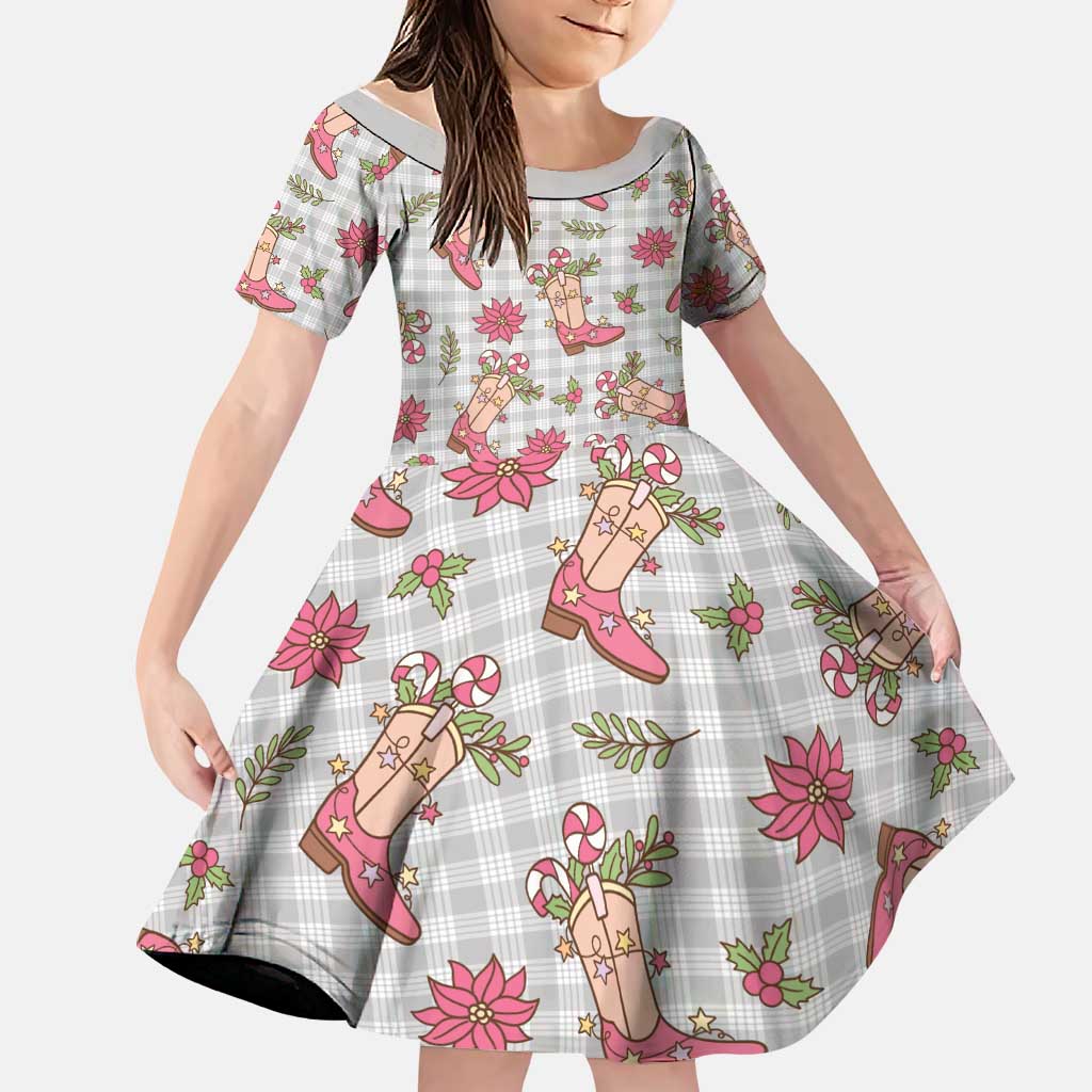 Gray Paniolo Palaka Hawaiian Cowgirl Christmas Family Matching Off Shoulder Short Dress and Hawaiian Shirt LT9 Daughter's Dress Gray - Polynesian Pride