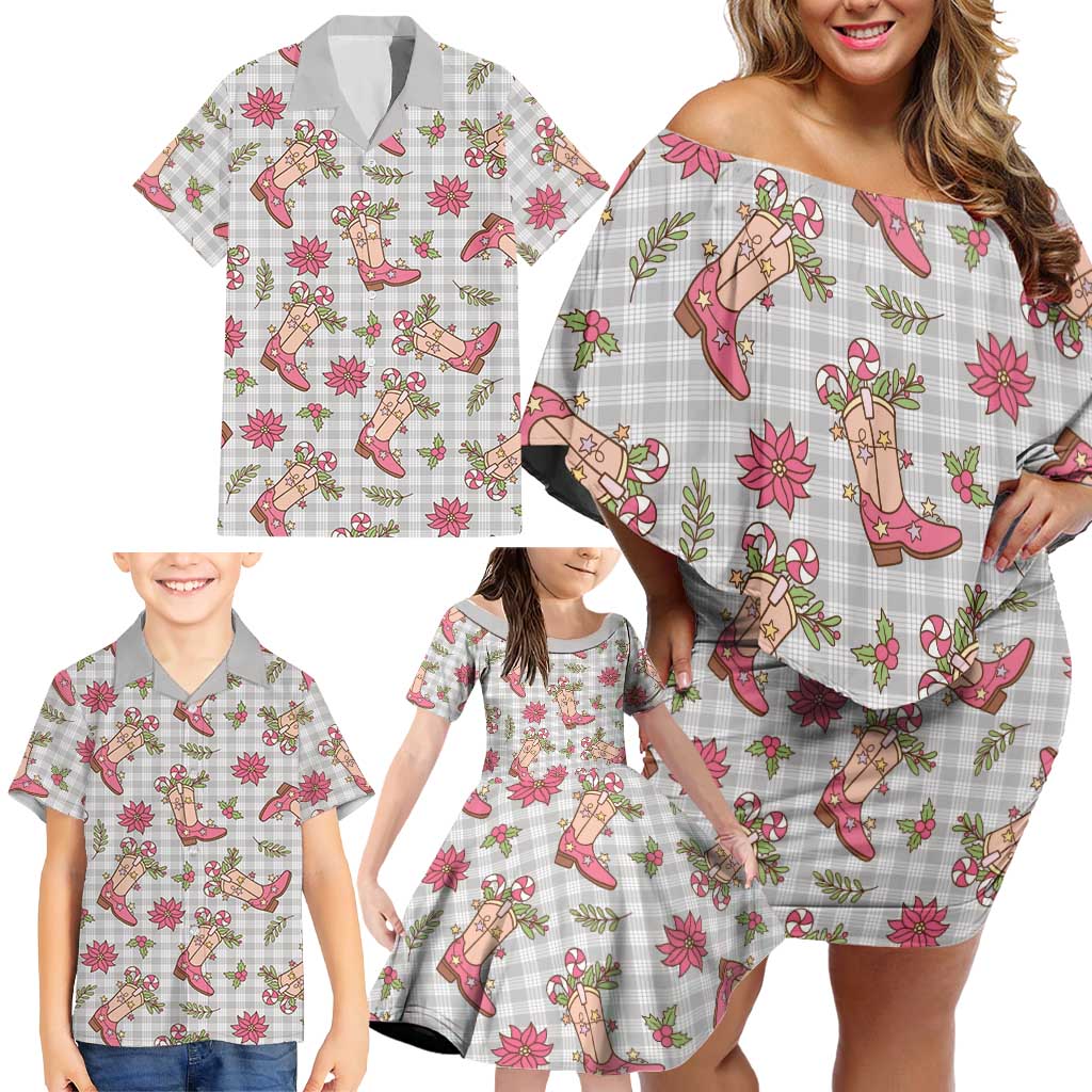Gray Paniolo Palaka Hawaiian Cowgirl Christmas Family Matching Off Shoulder Short Dress and Hawaiian Shirt LT9 - Polynesian Pride