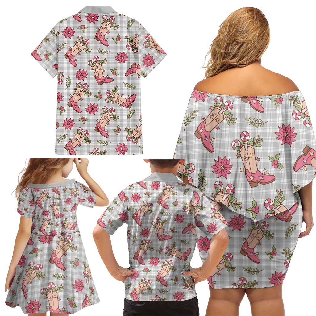 Gray Paniolo Palaka Hawaiian Cowgirl Christmas Family Matching Off Shoulder Short Dress and Hawaiian Shirt LT9 - Polynesian Pride