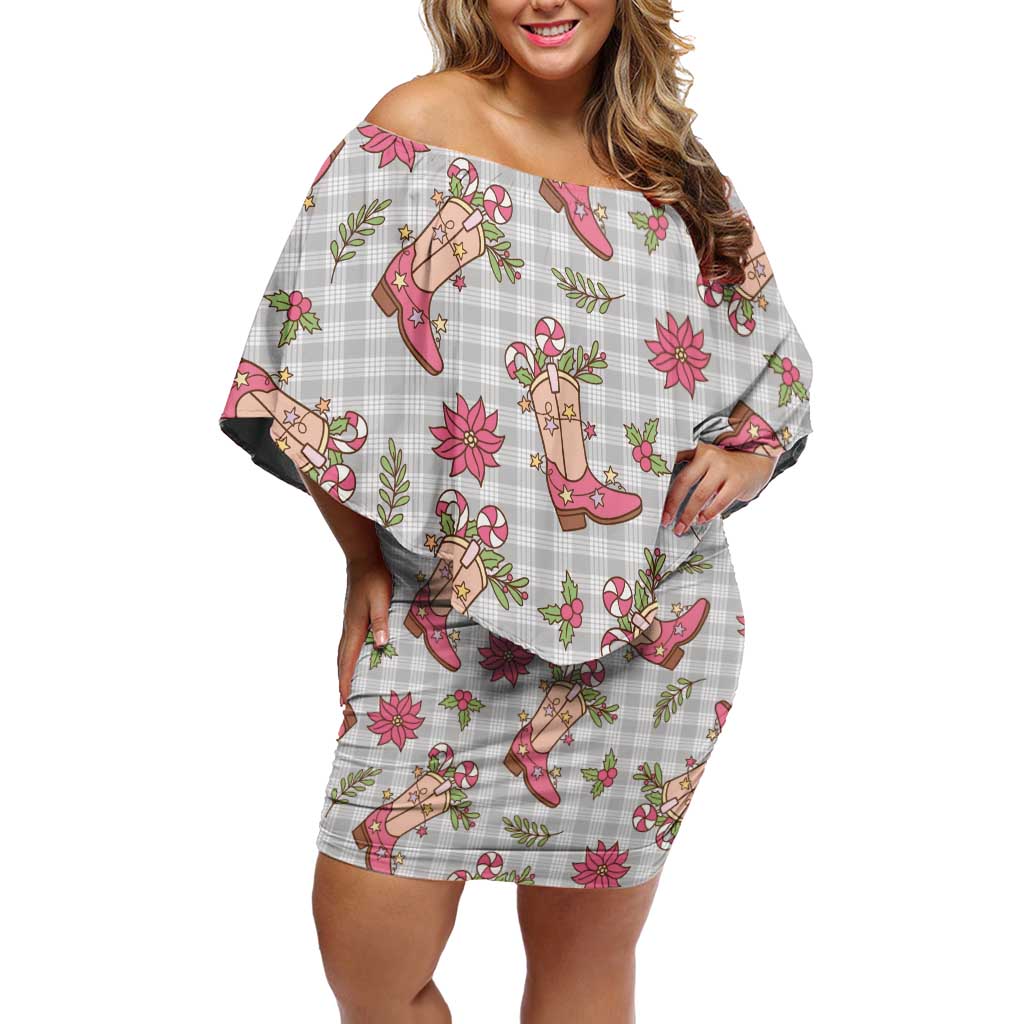 Gray Paniolo Palaka Hawaiian Cowgirl Christmas Family Matching Off Shoulder Short Dress and Hawaiian Shirt LT9 Mom's Dress Gray - Polynesian Pride