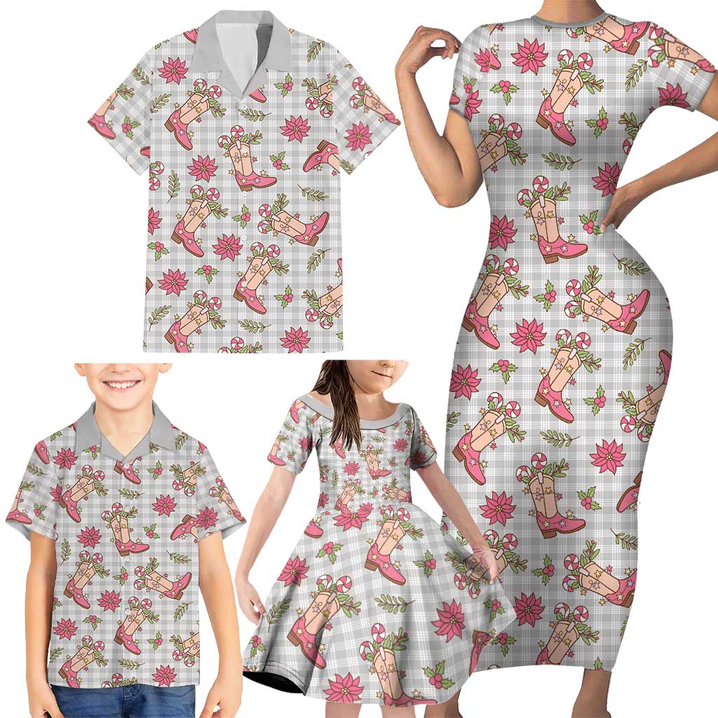 Gray Paniolo Palaka Hawaiian Cowgirl Christmas Family Matching Short Sleeve Bodycon Dress and Hawaiian Shirt - Polynesian Pride
