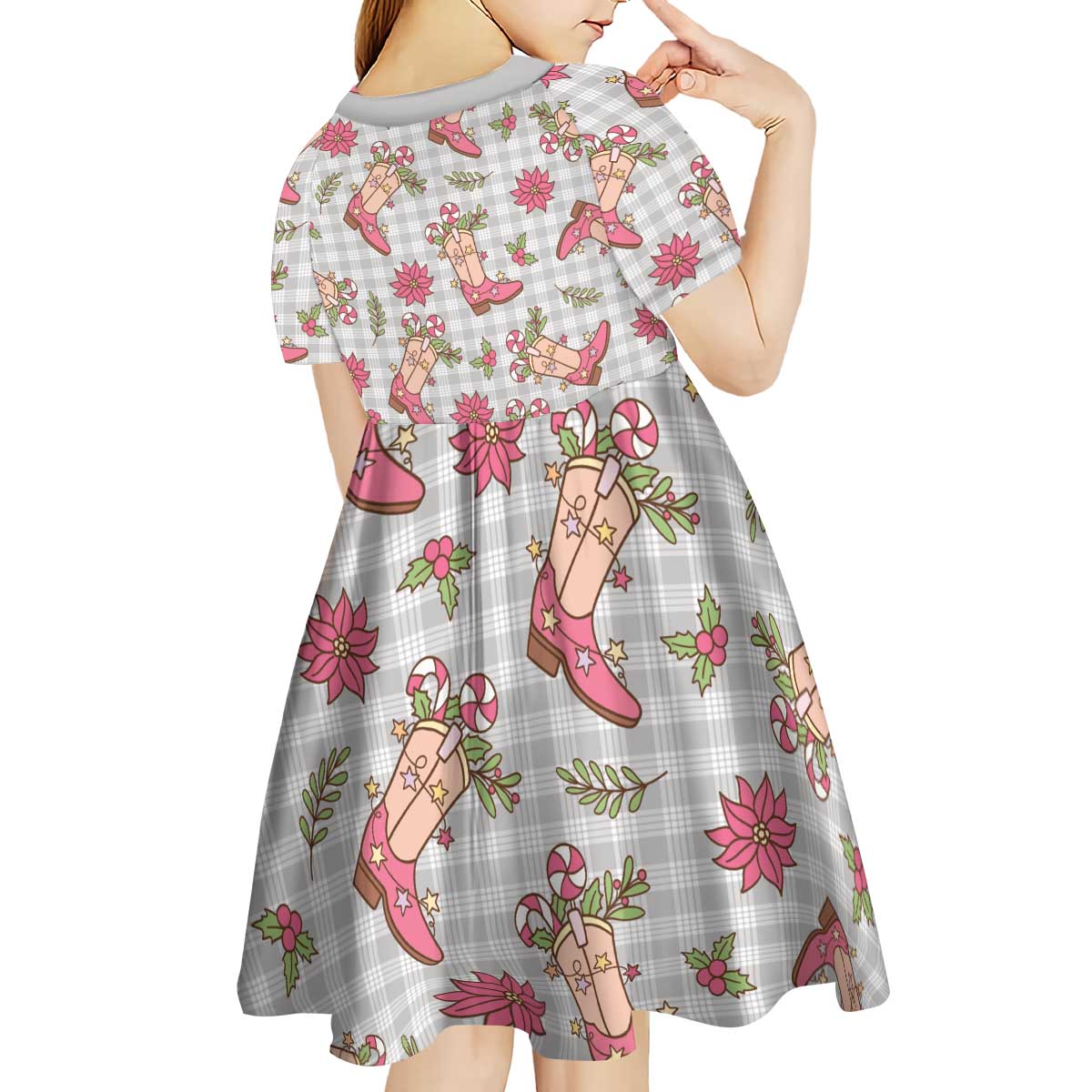Gray Paniolo Palaka Hawaiian Cowgirl Christmas Kid Short Sleeve Dress - Polynesian Pride