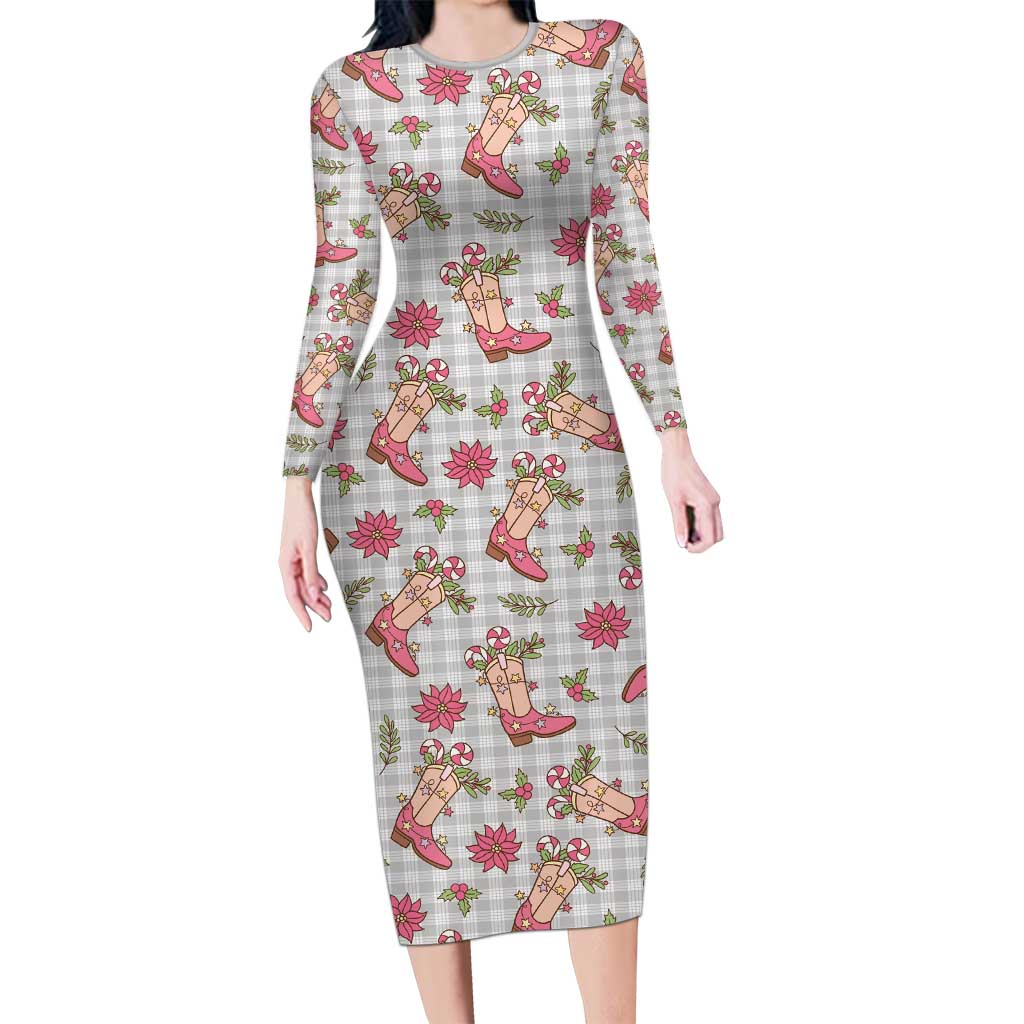 Gray Paniolo Palaka Hawaiian Cowgirl Christmas Long Sleeve Bodycon Dress - Polynesian Pride