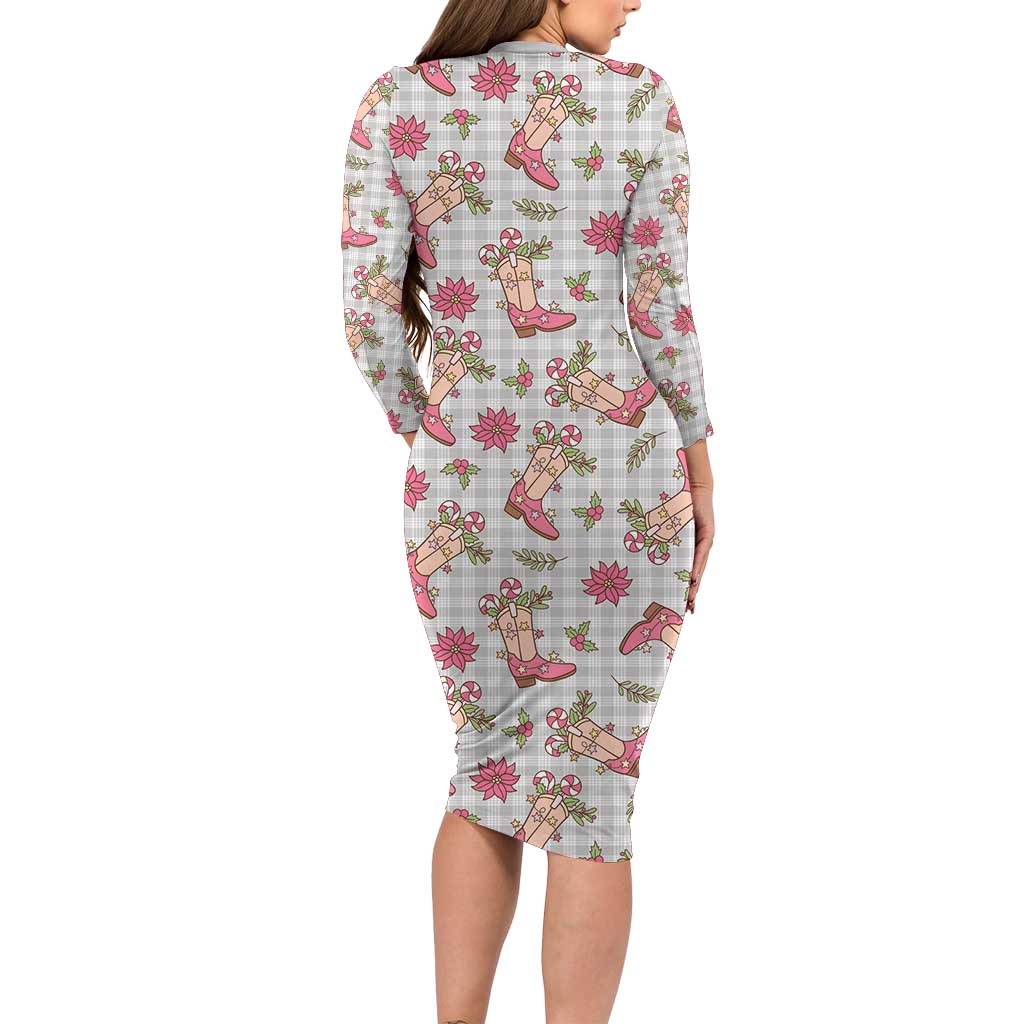 Gray Paniolo Palaka Hawaiian Cowgirl Christmas Long Sleeve Bodycon Dress - Polynesian Pride