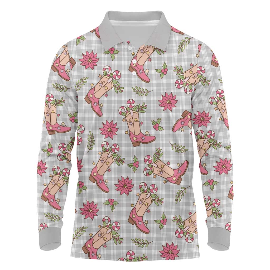 Gray Paniolo Palaka Hawaiian Cowgirl Christmas Long Sleeve Polo Shirt - Polynesian Pride