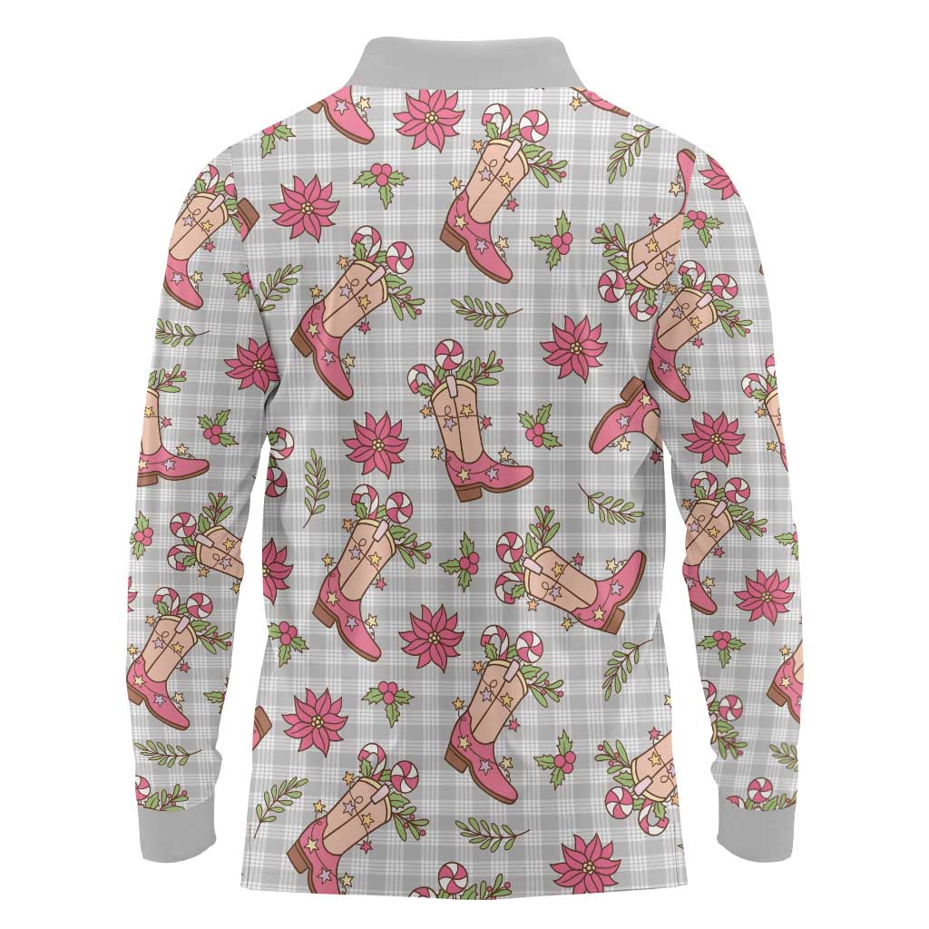 Gray Paniolo Palaka Hawaiian Cowgirl Christmas Long Sleeve Polo Shirt - Polynesian Pride