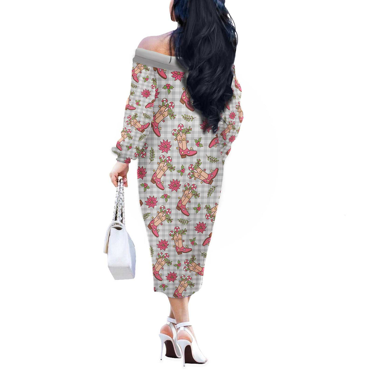 Gray Paniolo Palaka Hawaiian Cowgirl Christmas Off The Shoulder Long Sleeve Dress - Polynesian Pride