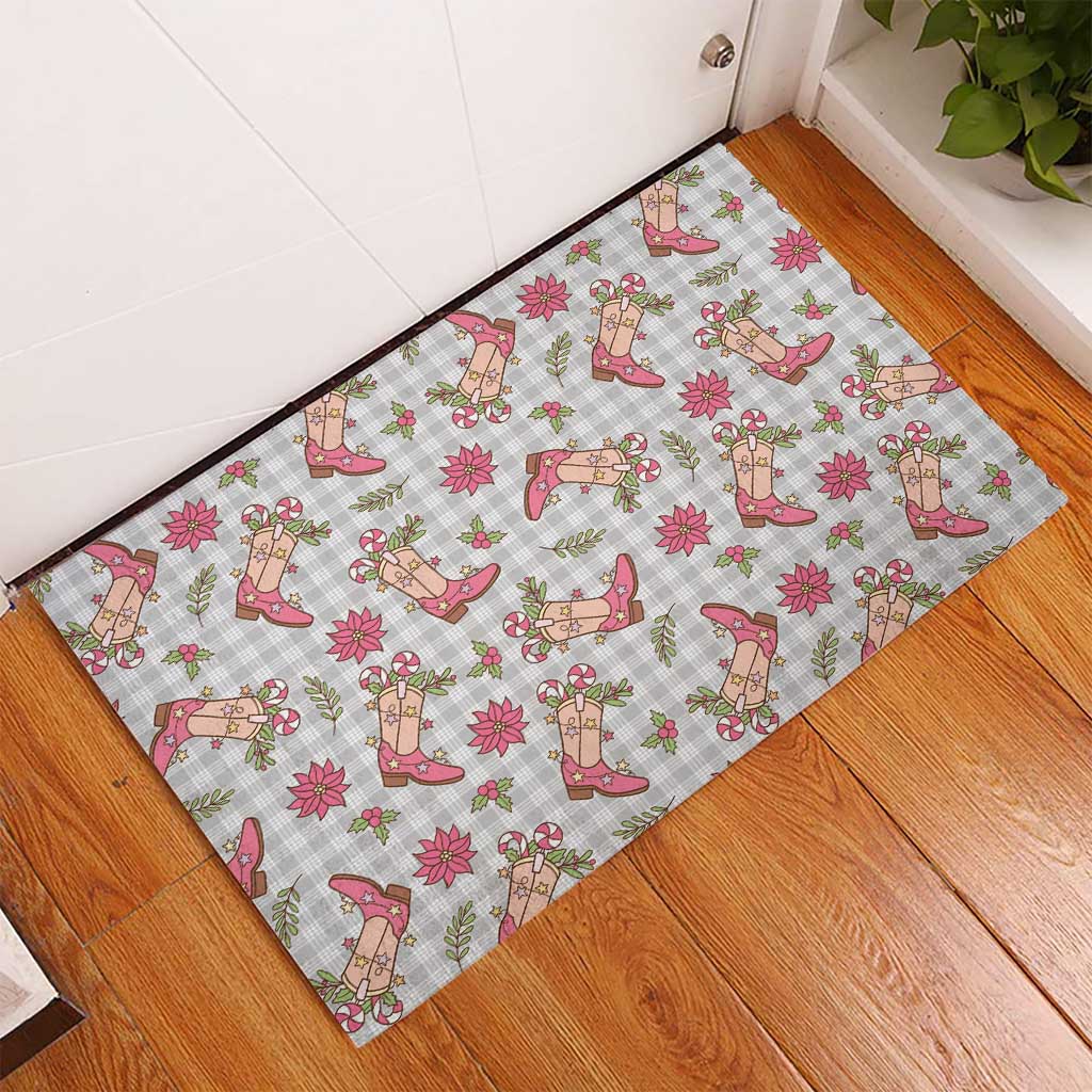Gray Paniolo Palaka Hawaiian Cowgirl Christmas Rubber Doormat - Polynesian Pride