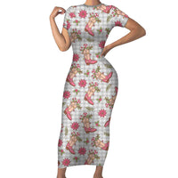 Gray Paniolo Palaka Hawaiian Cowgirl Christmas Short Sleeve Bodycon Dress - Polynesian Pride