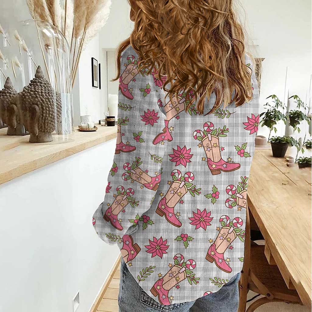 Gray Paniolo Palaka Hawaiian Cowgirl Christmas Women Casual Shirt LT9 - Polynesian Pride