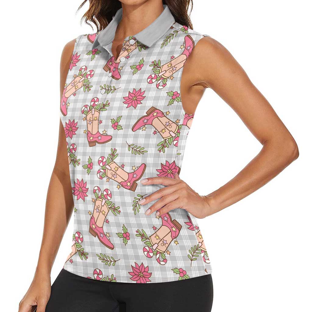 Gray Paniolo Palaka Hawaiian Cowgirl Christmas Women Sleeveless Polo Shirt LT9 - Polynesian Pride