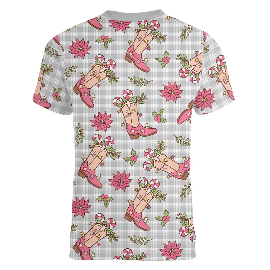Gray Paniolo Palaka Hawaiian Cowgirl Christmas Women V-Neck T-Shirt LT9 - Polynesian Pride