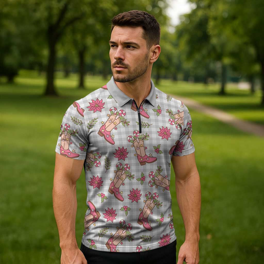 Gray Paniolo Palaka Hawaiian Cowgirl Christmas Zipper Polo Shirt - Polynesian Pride