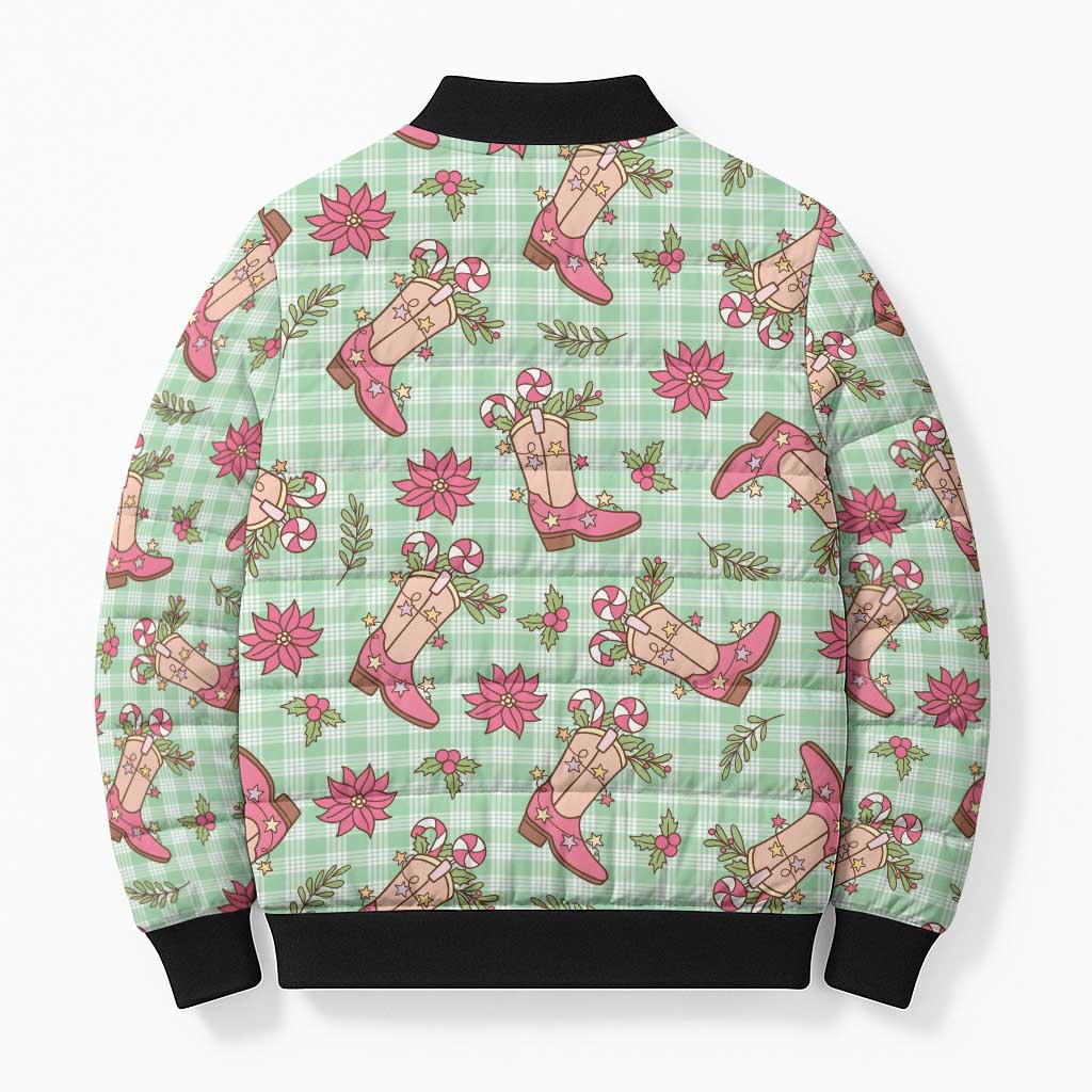 Green Paniolo Palaka Hawaiian Cowgirl Christmas Bomber Puffer Jacket - Polynesian Pride