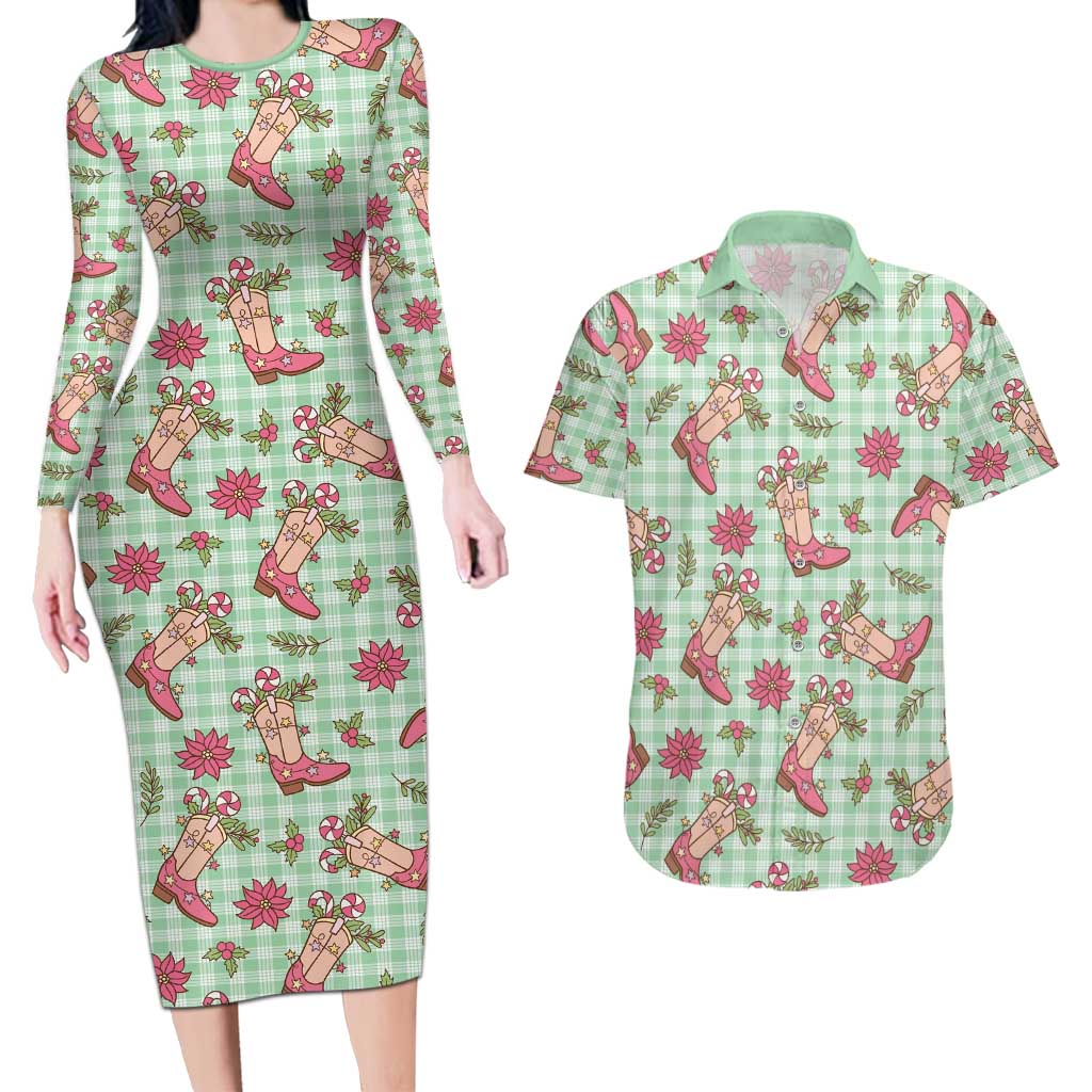 Green Paniolo Palaka Hawaiian Cowgirl Christmas Couples Matching Long Sleeve Bodycon Dress and Hawaiian Shirt LT9 Green - Polynesian Pride