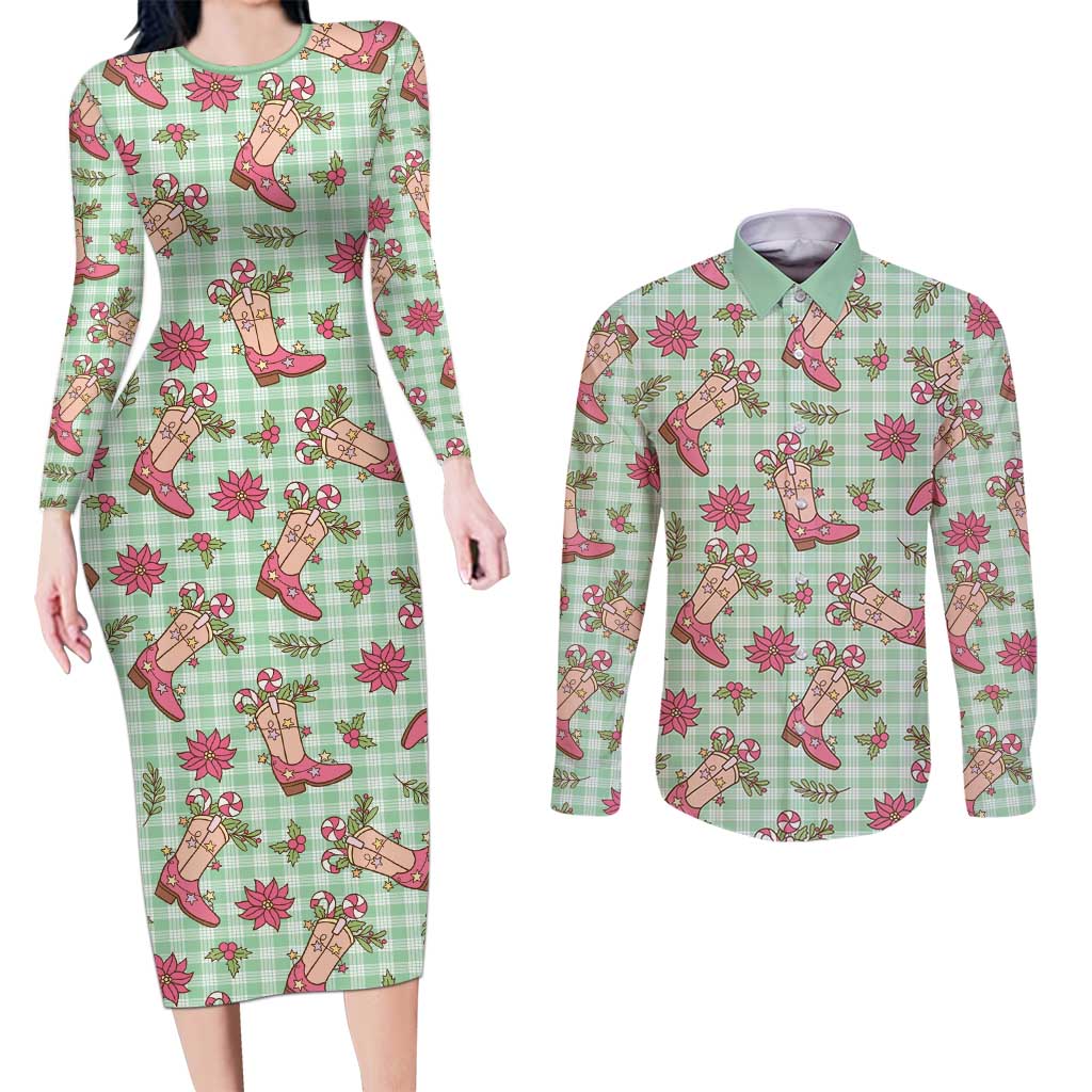 Green Paniolo Palaka Hawaiian Cowgirl Christmas Couples Matching Long Sleeve Bodycon Dress and Long Sleeve Button Shirt LT9 Green - Polynesian Pride