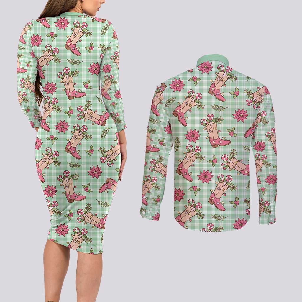Green Paniolo Palaka Hawaiian Cowgirl Christmas Couples Matching Long Sleeve Bodycon Dress and Long Sleeve Button Shirt LT9 - Polynesian Pride