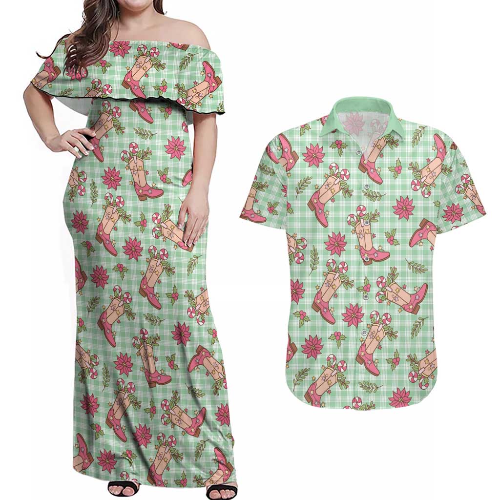 Green Paniolo Palaka Hawaiian Cowgirl Christmas Couples Matching Off Shoulder Maxi Dress and Hawaiian Shirt LT9 Green - Polynesian Pride