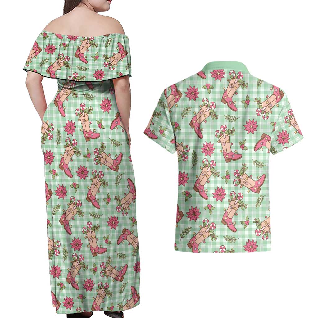 Green Paniolo Palaka Hawaiian Cowgirl Christmas Couples Matching Off Shoulder Maxi Dress and Hawaiian Shirt LT9 - Polynesian Pride