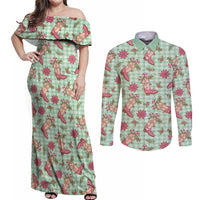 Green Paniolo Palaka Hawaiian Cowgirl Christmas Couples Matching Off Shoulder Maxi Dress and Long Sleeve Button Shirt LT9 Green - Polynesian Pride