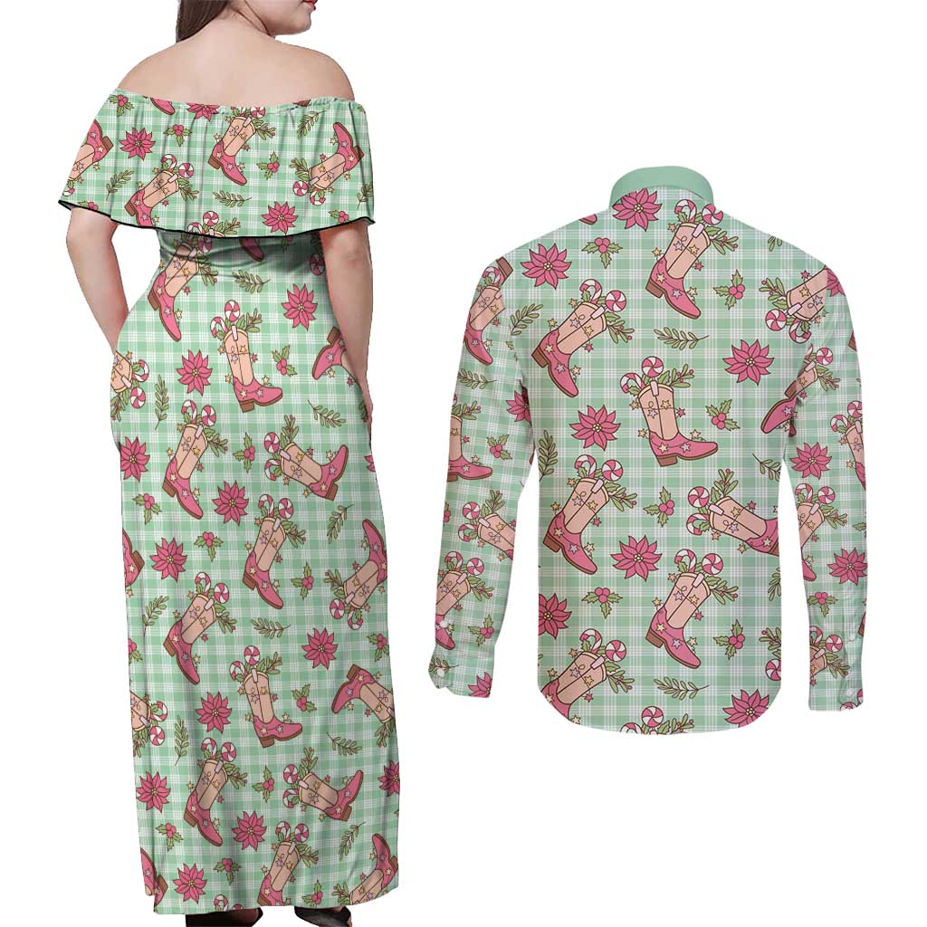 Green Paniolo Palaka Hawaiian Cowgirl Christmas Couples Matching Off Shoulder Maxi Dress and Long Sleeve Button Shirt LT9 - Polynesian Pride