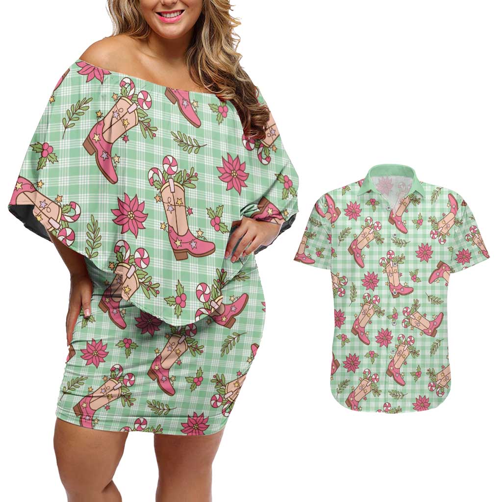 Green Paniolo Palaka Hawaiian Cowgirl Christmas Couples Matching Off Shoulder Short Dress and Hawaiian Shirt LT9 Green - Polynesian Pride