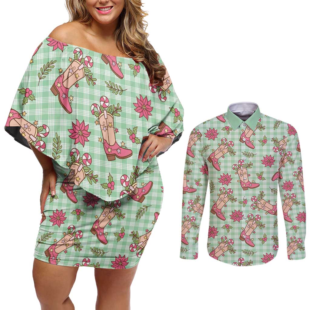 Green Paniolo Palaka Hawaiian Cowgirl Christmas Couples Matching Off Shoulder Short Dress and Long Sleeve Button Shirt LT9 Green - Polynesian Pride