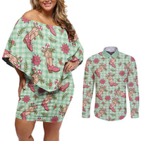Green Paniolo Palaka Hawaiian Cowgirl Christmas Couples Matching Off Shoulder Short Dress and Long Sleeve Button Shirt LT9 Green - Polynesian Pride