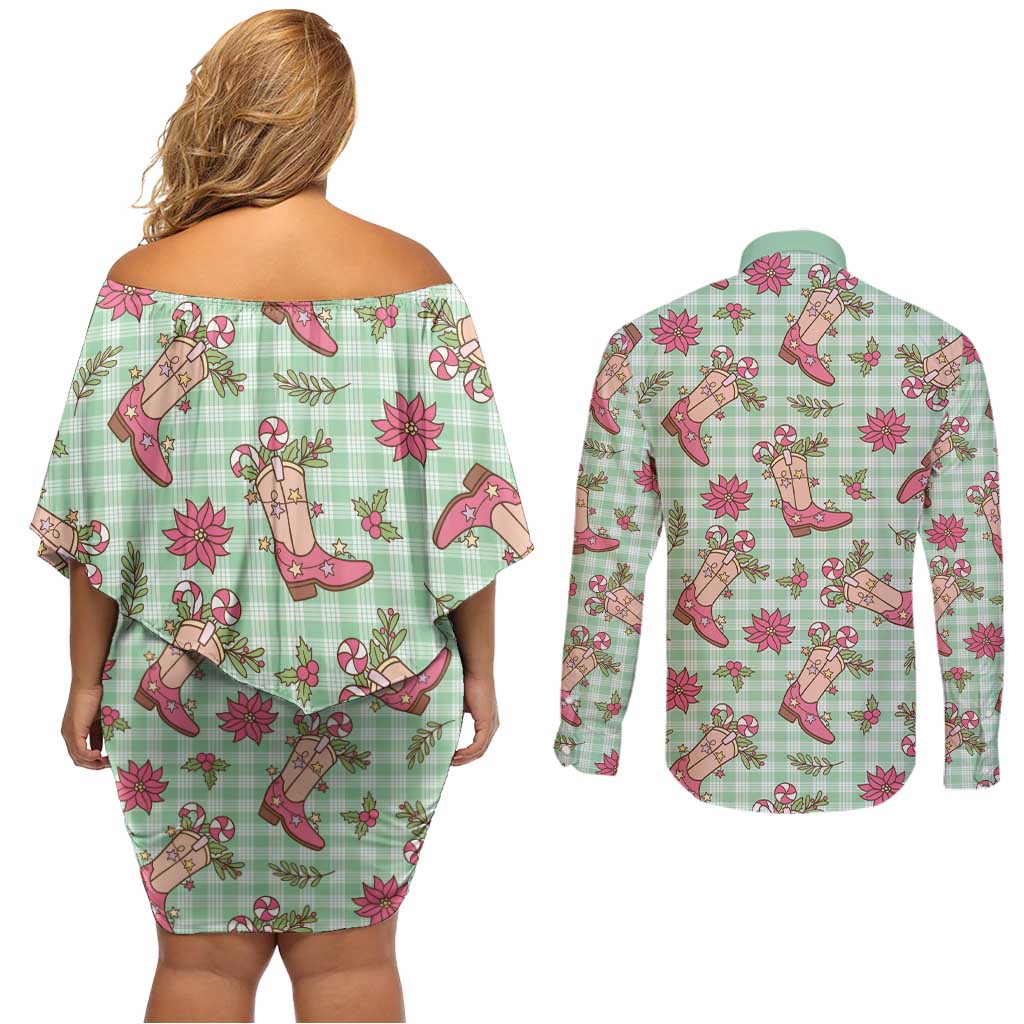 Green Paniolo Palaka Hawaiian Cowgirl Christmas Couples Matching Off Shoulder Short Dress and Long Sleeve Button Shirt LT9 - Polynesian Pride