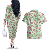Green Paniolo Palaka Hawaiian Cowgirl Christmas Couples Matching Off The Shoulder Long Sleeve Dress and Hawaiian Shirt LT9 - Polynesian Pride